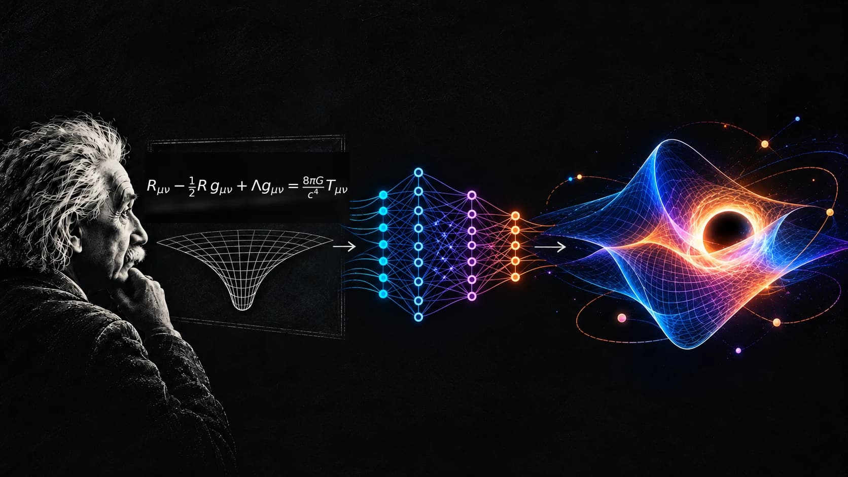 Einstein in black and white looking toward a glowing neural network that turns the field equations into a colourful warped spacetime around a black hole