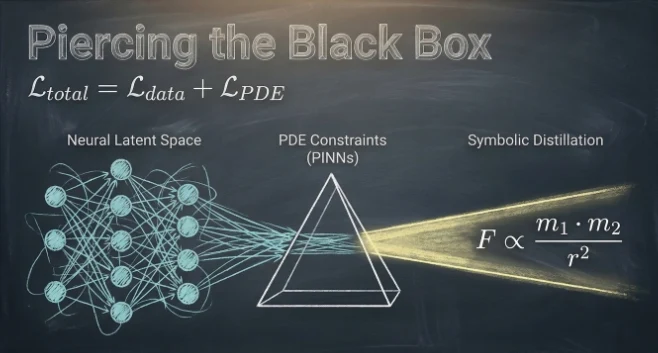 Chalkboard graphic titled Piercing the Black Box, showing a neural network passing through a prism of physics constraints and coming out as the gravity law F proportional to m1 m2 over r squared