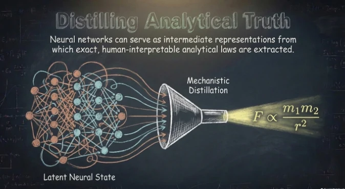 Chalkboard graphic titled Distilling Analytical Truth, showing a neural network funnelled into a readable formula for gravitational force
