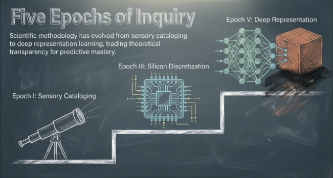 Chalkboard graphic titled Five Epochs of Inquiry, showing a staircase from a telescope (Epoch I) to a computer chip (Epoch III) to a neural network feeding a black box (Epoch V)