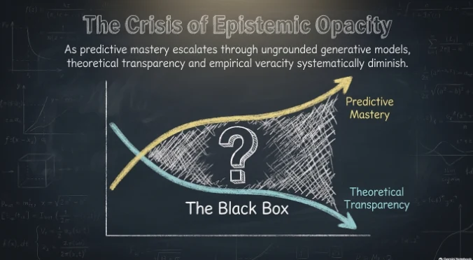 Chalkboard graphic titled The Crisis of Epistemic Opacity, showing predictive mastery rising while theoretical transparency falls, with a black box between them