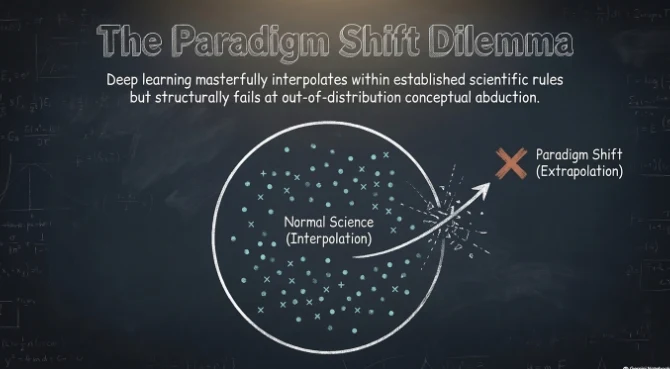 Chalkboard graphic titled The Paradigm Shift Dilemma, showing a circle of normal science (interpolation) with an arrow pointing out to a paradigm shift (extrapolation)