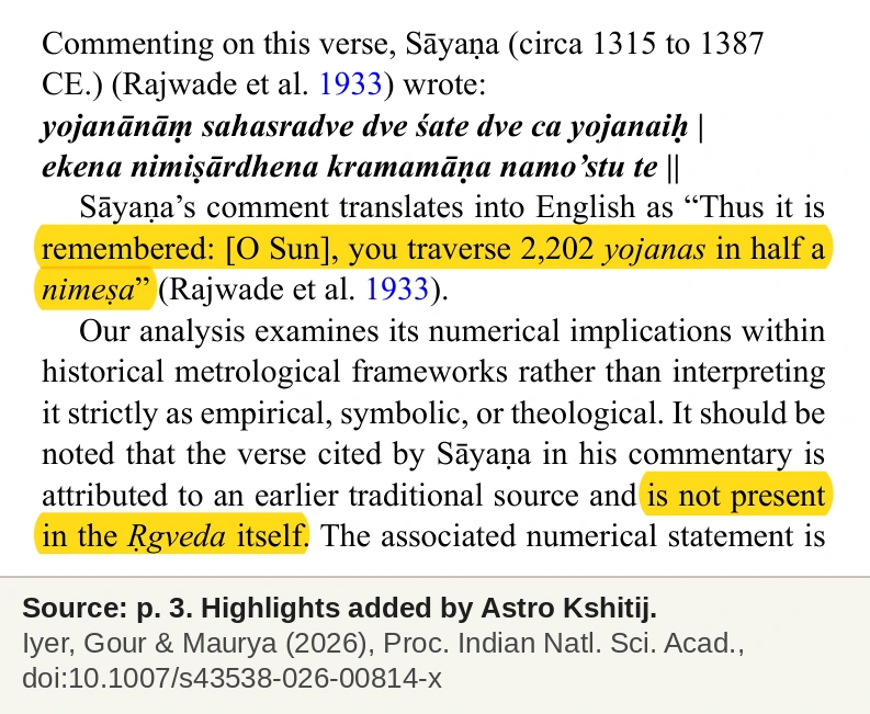 The line from Sayana's commentary as printed in the paper, with the translation and the note that it is not present in the Rigveda highlighted