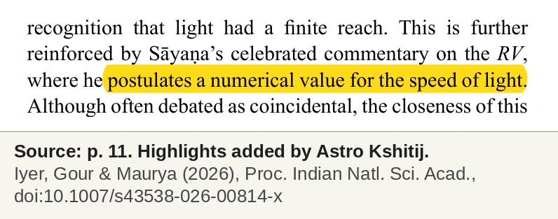 The paper's conclusion describing Sayana as postulating a numerical value for the speed of light, highlighted