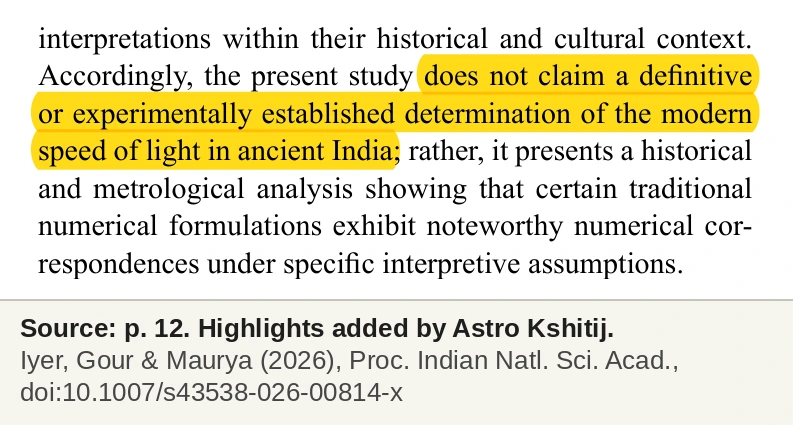 The paper's final paragraph, with its statement that it does not claim a definitive or experimentally established determination of the speed of light highlighted