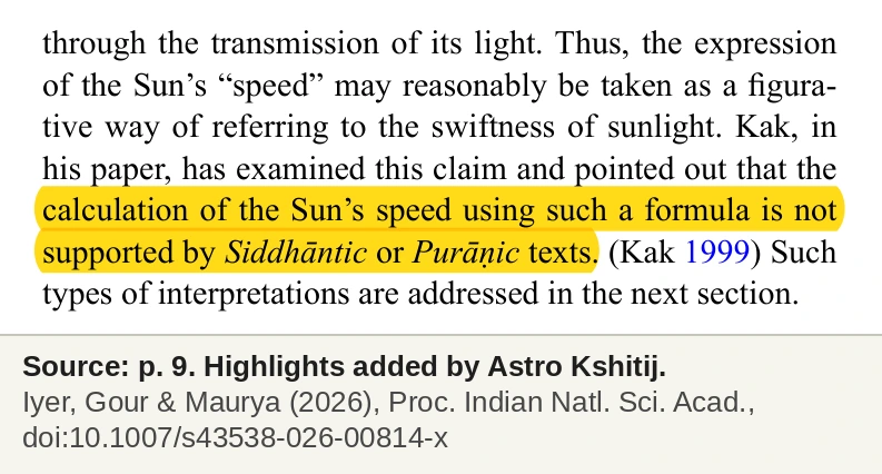 The paper's report that calculating the Sun's speed with such a formula is not supported by Siddhantic or Puranic texts, highlighted