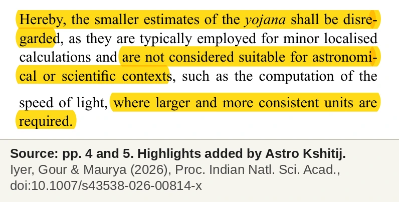 The paper's statement that smaller yojana estimates are disregarded as unsuitable for astronomical contexts where larger units are required, highlighted