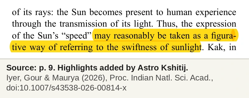 The paper's suggestion that the Sun's speed may reasonably be taken as a figurative reference to the swiftness of sunlight, highlighted